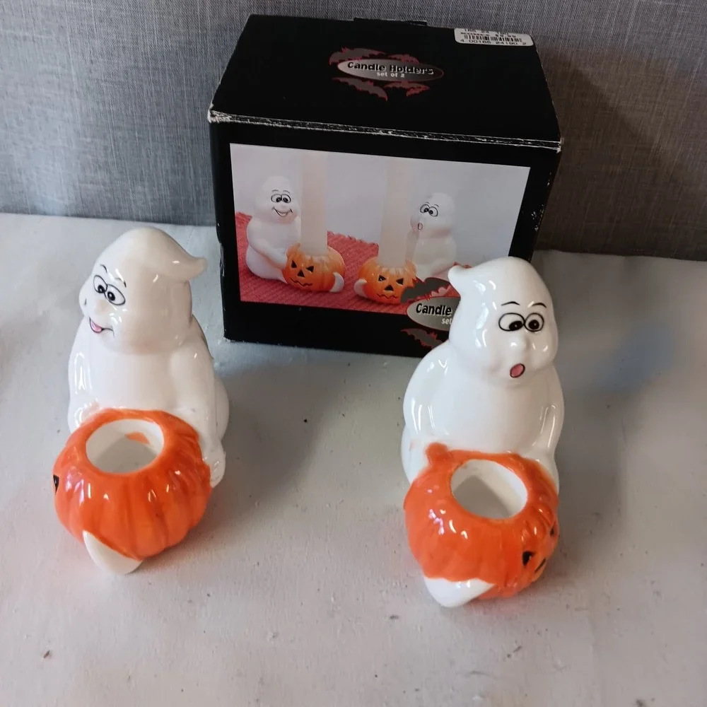 Vintage Halloween Ceramic Ghost Pumpkin Taper Candle Holders Set of 2 Decor